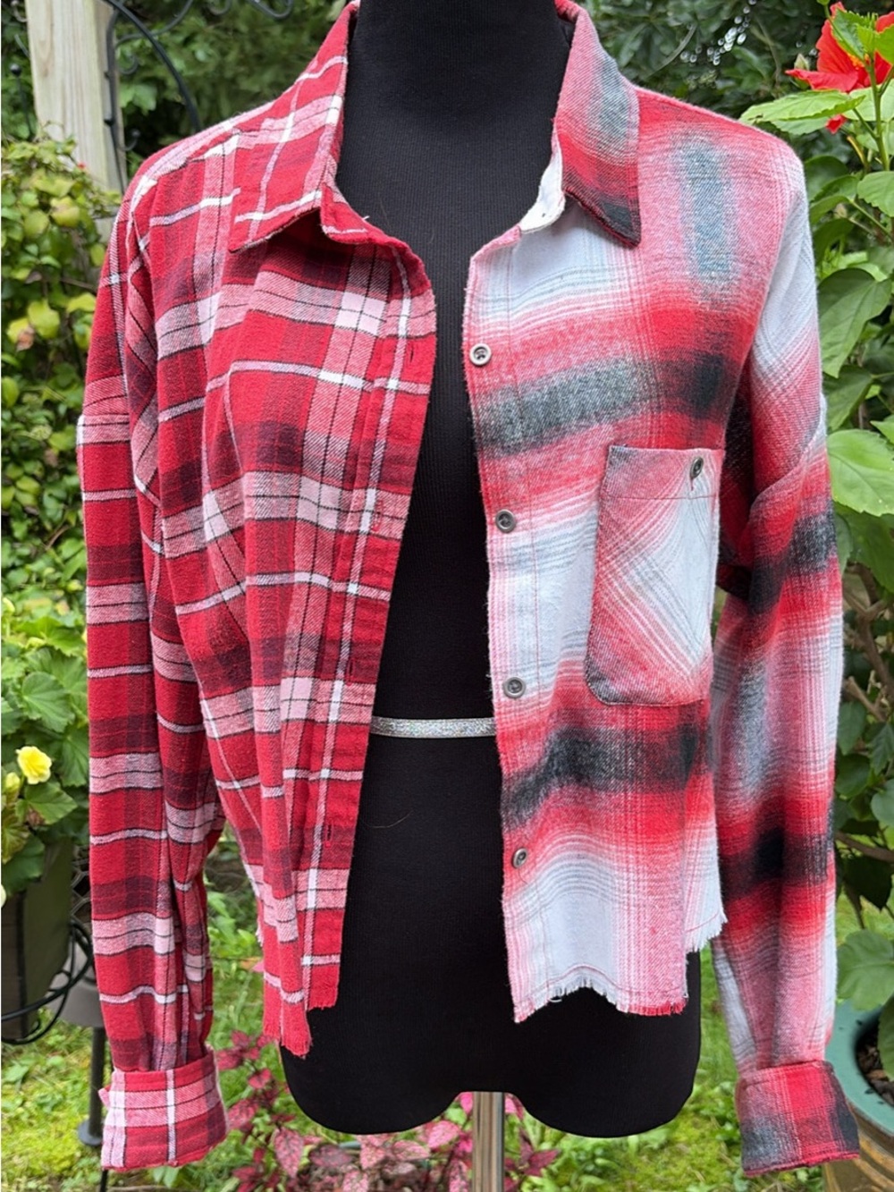 Women's Red Plaid Button-Down Shirt - Two-Tone Washed Style